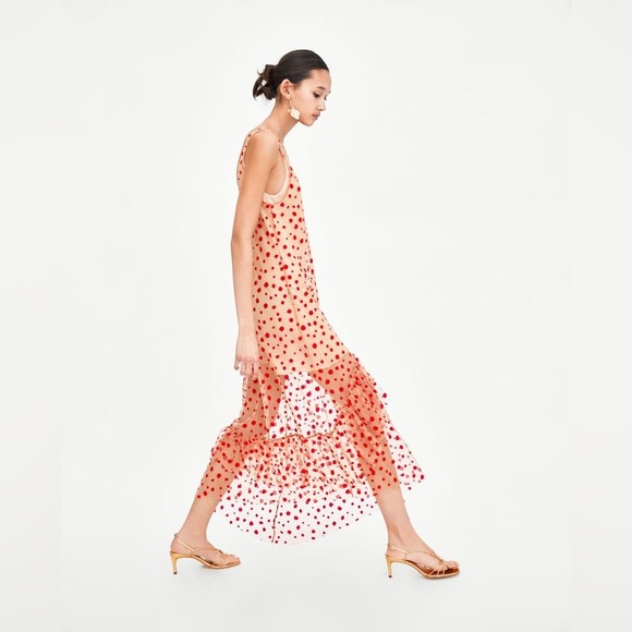 Zara sheer nude maxi dress with red polka dots - Picture 2 of 5
